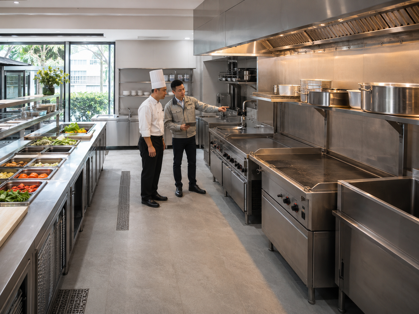 Quản lý nhà hàng và kỹ thuật viên rà soát dãy thiết bị trong bếp HORECA