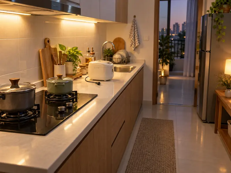 Gian bếp gọn gàng sau checklist an toàn cuối ngày