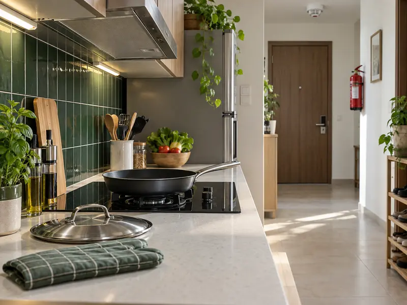 Nắp đậy đặt cạnh chảo, bình chữa cháy gần lối ra và đường di chuyển trong bếp không bị cản