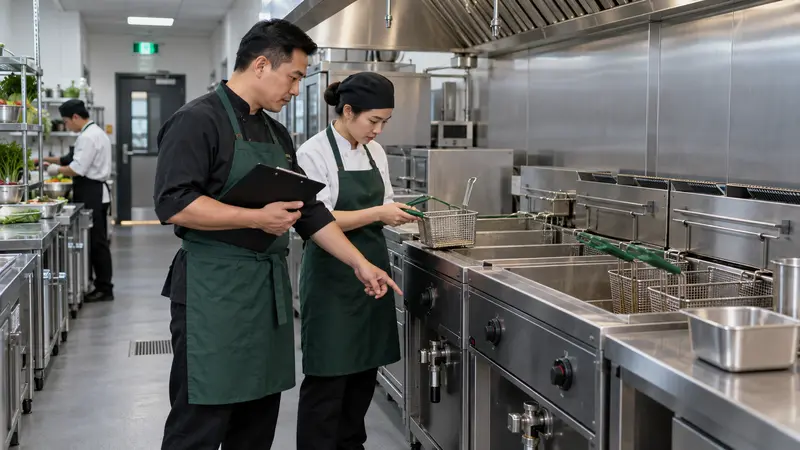 Quản lý ca và nhân viên kiểm tra bếp chiên công nghiệp trước giờ phục vụ