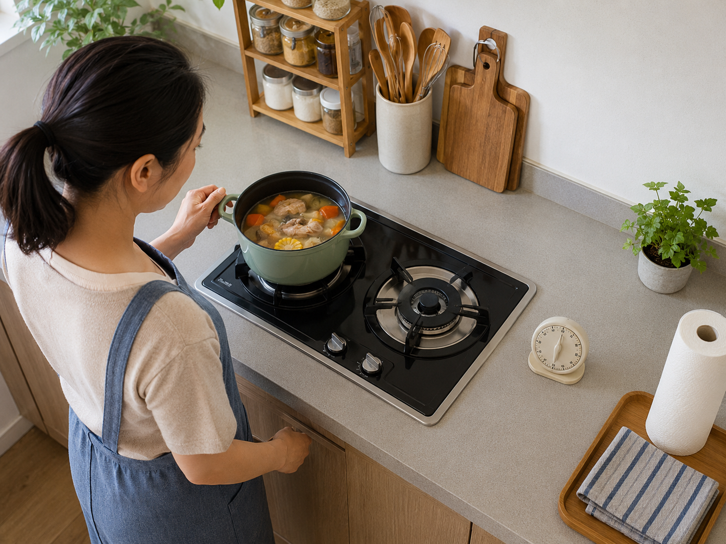Người nấu ăn theo dõi nồi trên bếp với khu vực nấu gọn gàng