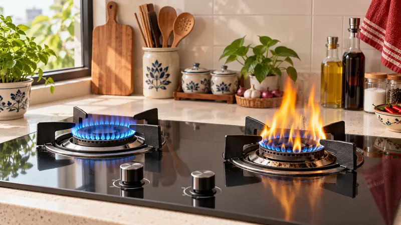 So sánh ngọn lửa xanh ổn định và ngọn lửa vàng cam bất thường trên bếp gas